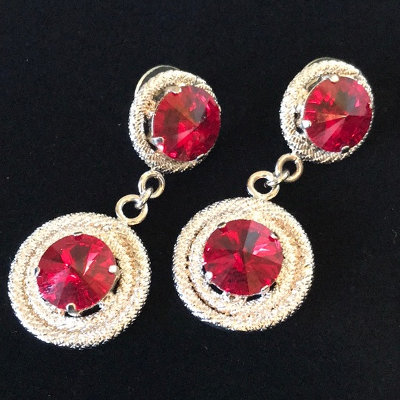 Italian Swarovski Crystal Earrings Ruby & Silver - Picture 1 of 2